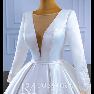 Modest Satin Wedding Dress Beaded Long Sleeve Ball Gown