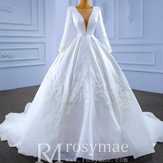 Modest Satin Wedding Dress Beaded Long Sleeve Ball Gown