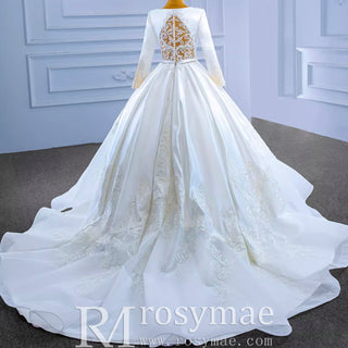 Modest Satin Wedding Dress Beaded Long Sleeve Ball Gown