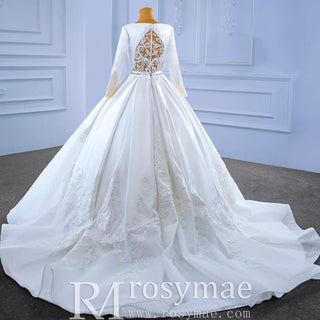 Modest Satin Wedding Dress Beaded Long Sleeve Ball Gown