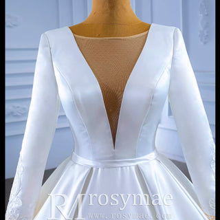 Modest Satin Wedding Dress Beaded Long Sleeve Ball Gown