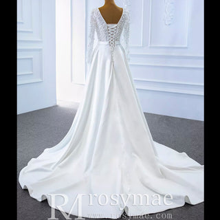 Low Back Long Sleeve Satin Sheer V-neck Wedding Dress with Leg Slit