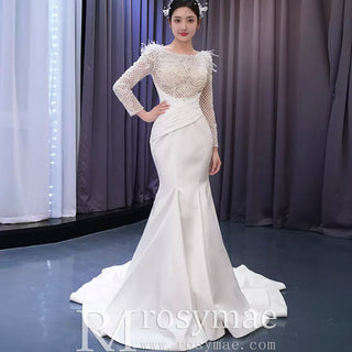 Elegant Mermaid Satin Wedding Dress Pearl Beaded Long Sleeve Bridal Dress