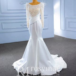 Elegant Mermaid Satin Wedding Dress Pearl Beaded Long Sleeve Bridal Dress