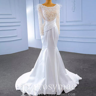 Elegant Mermaid Satin Wedding Dress Pearl Beaded Long Sleeve Bridal Dress