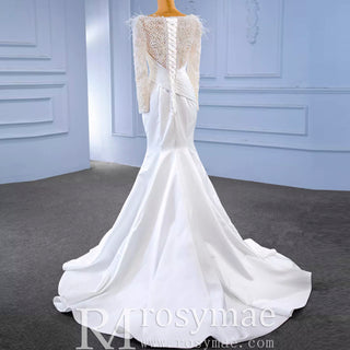 Elegant Mermaid Satin Wedding Dress Pearl Beaded Long Sleeve Bridal Dress