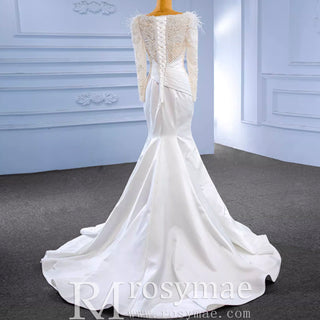 Elegant Mermaid Satin Wedding Dress Pearl Beaded Long Sleeve Bridal Dress