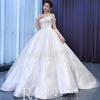 Luxury Beaded Sparkly Ball Gown Wedding Dress with Off the Shoulder