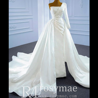 One Shoulder Long Sleeve Satin Wedding Dress with Overskirt