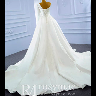 One Shoulder Long Sleeve Satin Wedding Dress with Overskirt