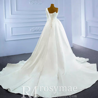 One Shoulder Long Sleeve Satin Wedding Dress with Overskirt