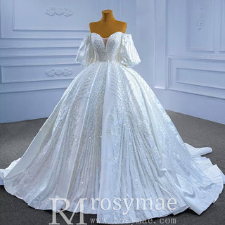 Luxury Beaded Sparkly Ball Gown Puffy Wedding Gown with Bishop Sleeve