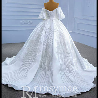 Luxury Beaded Sparkly Ball Gown Puffy Wedding Gown with Bishop Sleeve