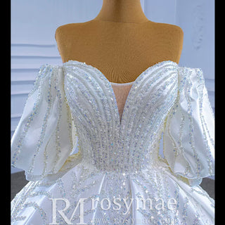 Luxury Beaded Sparkly Ball Gown Puffy Wedding Gown with Bishop Sleeve