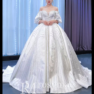 Luxury Beaded Sparkly Ball Gown Puffy Wedding Gown with Bishop Sleeve