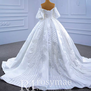 Luxury Beaded Sparkly Ball Gown Puffy Wedding Gown with Bishop Sleeve