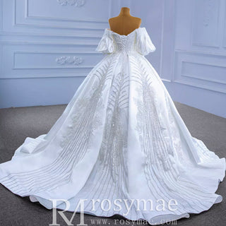 Luxury Beaded Sparkly Ball Gown Puffy Wedding Gown with Bishop Sleeve