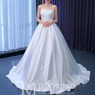 Elegant Strapless Satin Ball Gown Wedding Dress Minimalist Bridal Gown