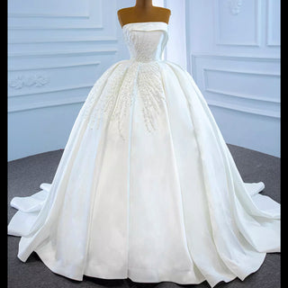 Straight Neck Ball Gown Wedding Dress with Pearls Satin Bridal Gown