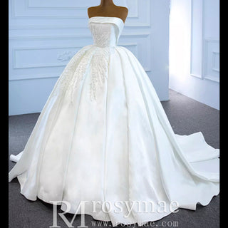 Straight Neck Ball Gown Wedding Dress with Pearls Satin Bridal Gown