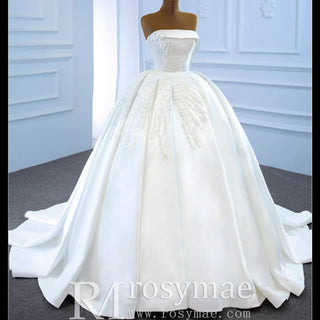 Straight Neck Ball Gown Wedding Dress with Pearls Satin Bridal Gown