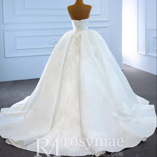 Straight Neck Ball Gown Wedding Dress with Pearls Satin Bridal Gown