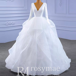 Long Sleeve Ruffled V-neck Ball Gown Tulle Wedding Dress