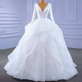 Long Sleeve Ruffled V-neck Ball Gown Tulle Wedding Dress