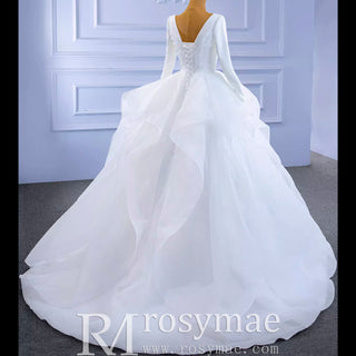 Long Sleeve Ruffled V-neck Ball Gown Tulle Wedding Dress