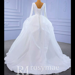 Long Sleeve Ruffled V-neck Ball Gown Tulle Wedding Dress