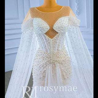 Light Weight Summer Wedding Dress with Pearls and Cape