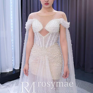 Light Weight Summer Wedding Dress with Pearls and Cape