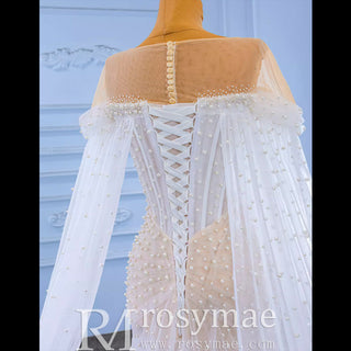 Light Weight Summer Wedding Dress with Pearls and Cape