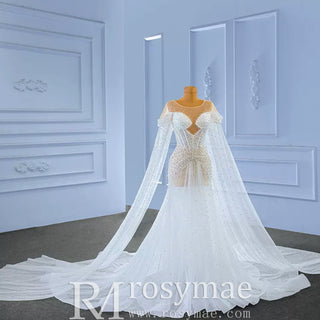 Light Weight Summer Wedding Dress with Pearls and Cape