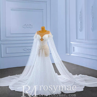 Light Weight Summer Wedding Dress with Pearls and Cape