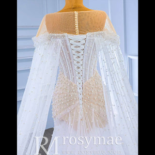 Light Weight Summer Wedding Dress with Pearls and Cape