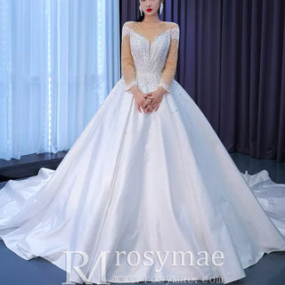 Sheer Long Sleeve Satin Ball Gown Wedding Dress with Sheer Neck