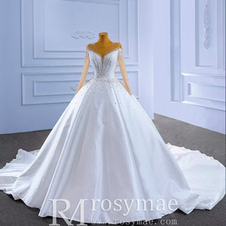 Sheer Long Sleeve Satin Ball Gown Wedding Dress with Sheer Neck