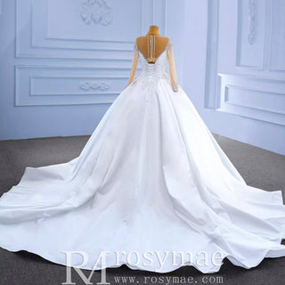 Sheer Long Sleeve Satin Ball Gown Wedding Dress with Sheer Neck