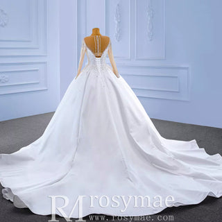 Sheer Long Sleeve Satin Ball Gown Wedding Dress with Sheer Neck