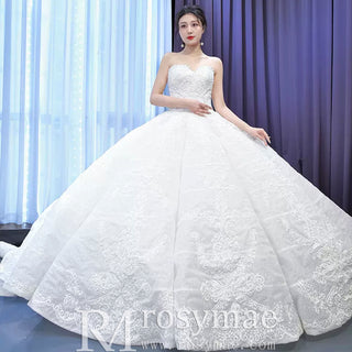 Luxury Strapless Sparkly Beaded Ball Gown Puffy Wedding Dress