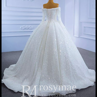 Luxury Beaded Sparkly Wedding Dress with Off the Shoulder Long Sleeve