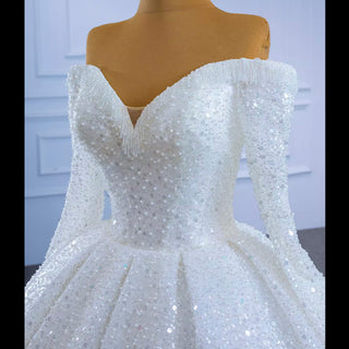 Luxury Beaded Sparkly Wedding Dress with Off the Shoulder Long Sleeve