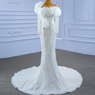 Pearl Beaded Mermaid Ruffle Wedding Dress with Long Sleeve