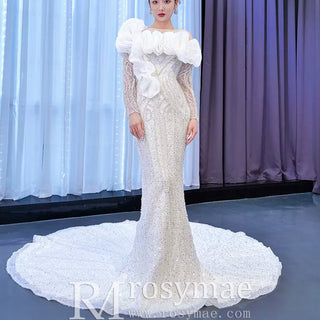 Pearl Beaded Mermaid Ruffle Wedding Dress with Long Sleeve