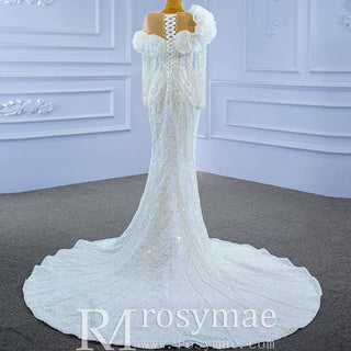 Pearl Beaded Mermaid Ruffle Wedding Dress with Long Sleeve