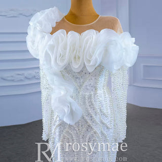 Pearl Beaded Mermaid Ruffle Wedding Dress with Long Sleeve