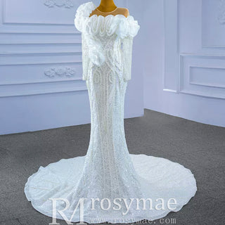 Pearl Beaded Mermaid Ruffle Wedding Dress with Long Sleeve