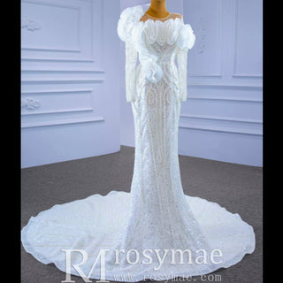 Pearl Beaded Mermaid Ruffle Wedding Dress with Long Sleeve