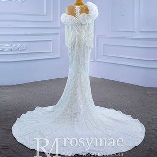 Pearl Beaded Mermaid Ruffle Wedding Dress with Long Sleeve